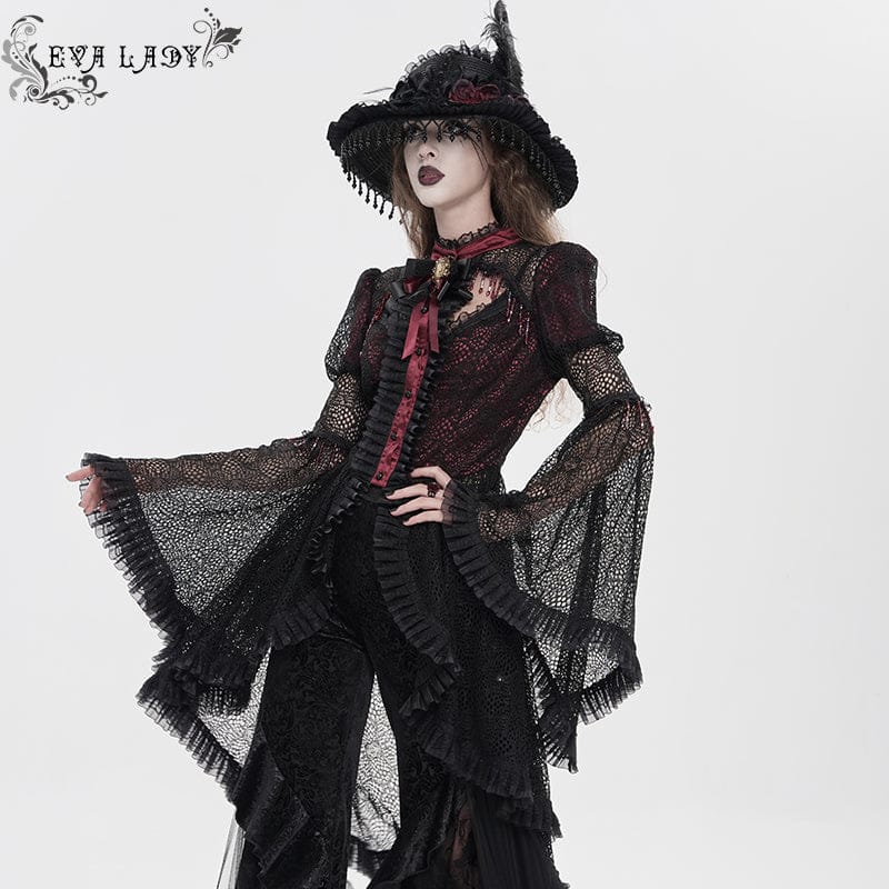 Women's Gothic Cutout Beaded Flared Sleeved Shirt Black-Red - Image 3