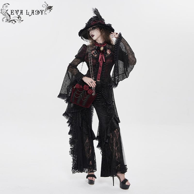 Women's Gothic Cutout Beaded Flared Sleeved Shirt Black-Red - Image 5