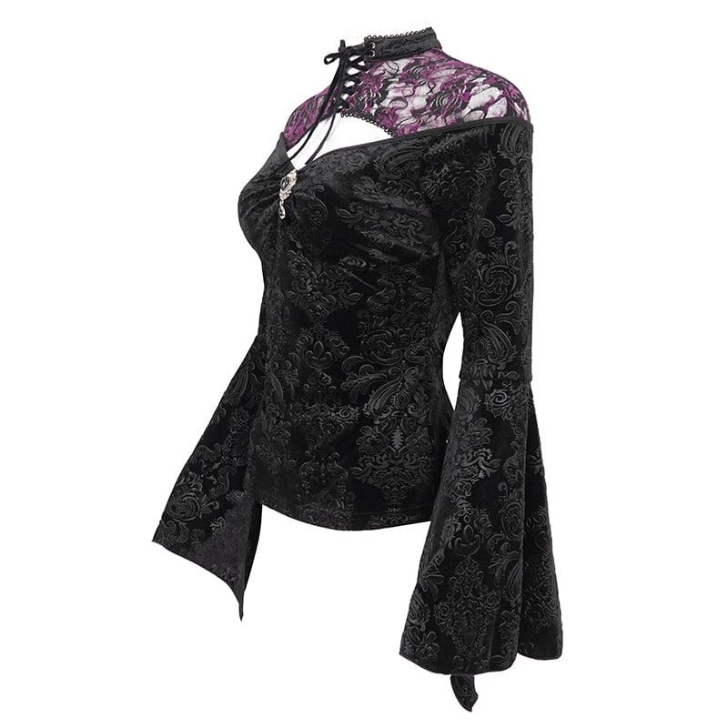 Women's Gothic Cutout Flared Sleeved Floral Embossed Shirt - Image 8