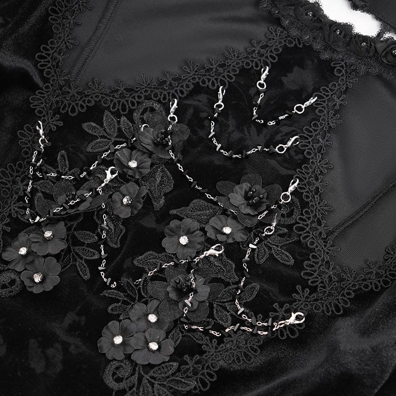 Women's Gothic Cutout Flared Sleeved Velvet Shirt Black - Image 10