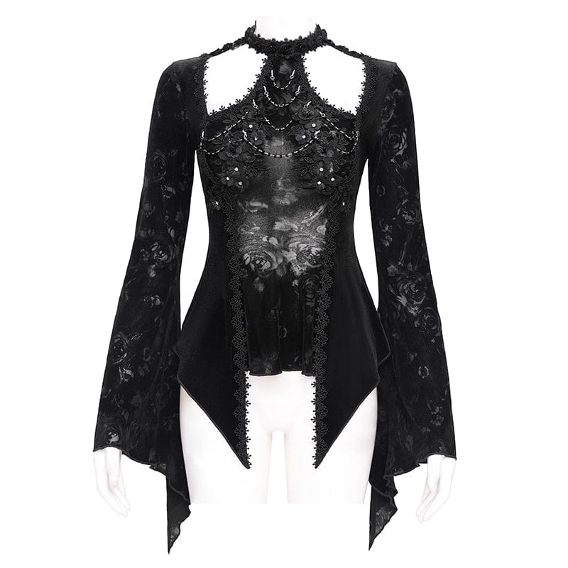 Women's Gothic Cutout Flared Sleeved Velvet Shirt Black - Image 6