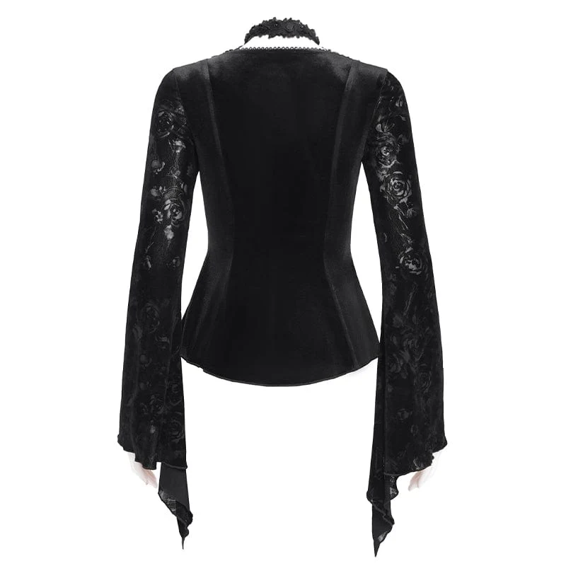 Women's Gothic Cutout Flared Sleeved Velvet Shirt Black - Image 8