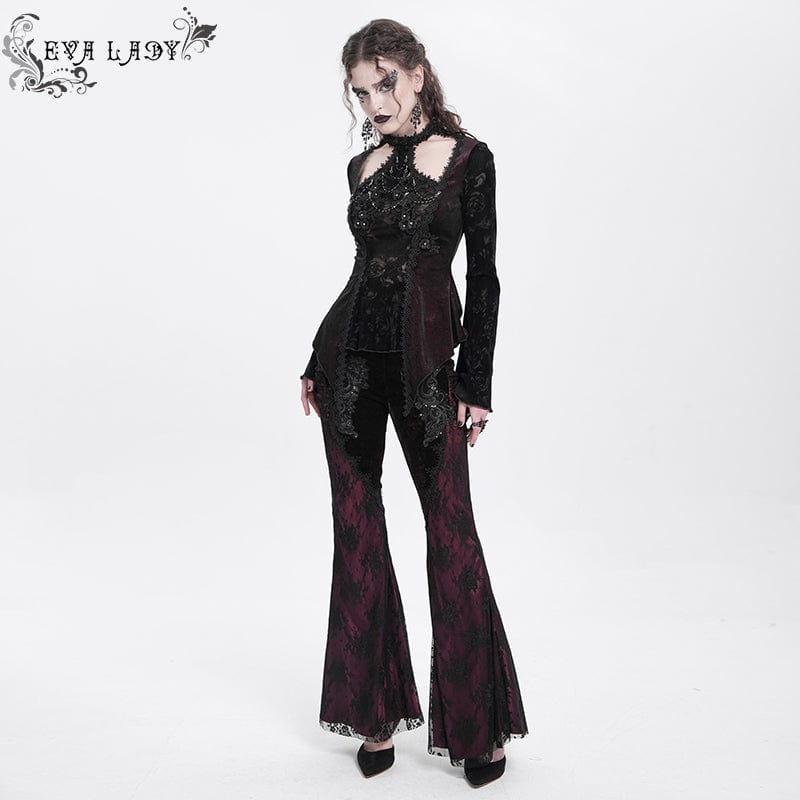 Women's Gothic Cutout Flared Sleeved Velvet Shirt Red - Image 6