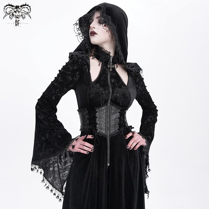 Women's Gothic Cutout Flocking Velvet Coat with Hood Black - Image 4