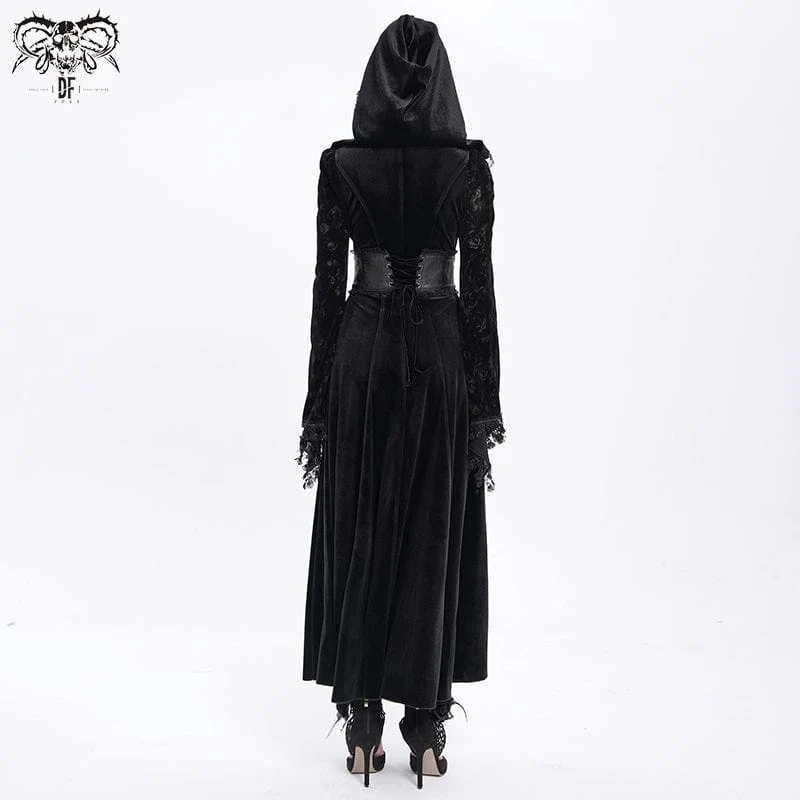 Women's Gothic Cutout Flocking Velvet Coat with Hood Black - Image 6