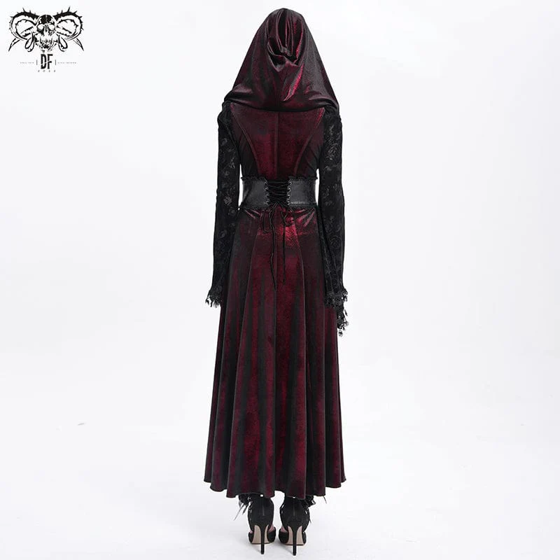 Women's Gothic Cutout Flocking Velvet Coat with Hood Red - Image 5