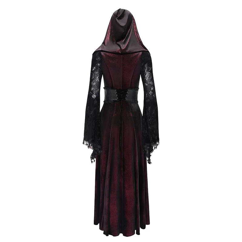 Women's Gothic Cutout Flocking Velvet Coat with Hood Red - Image 9