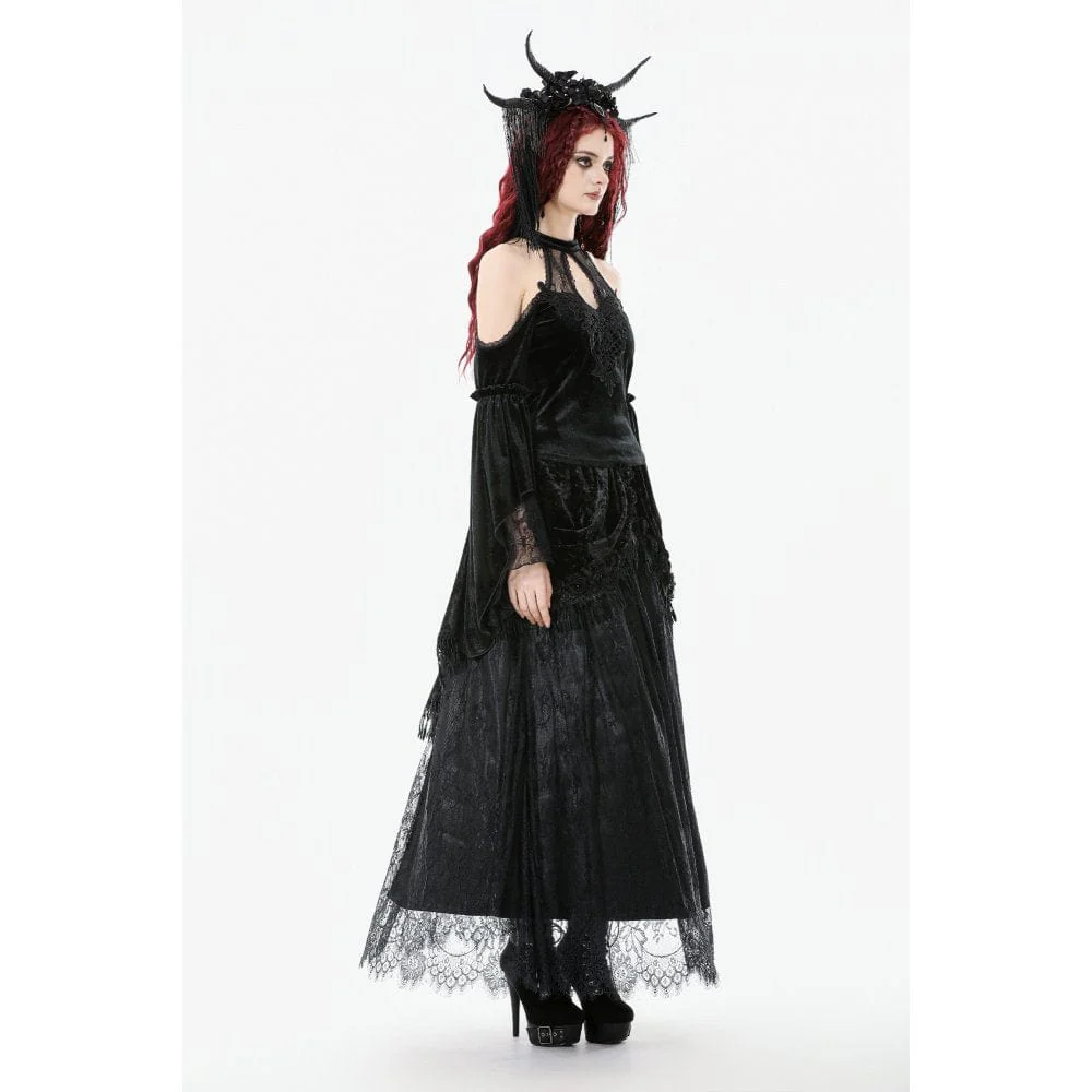 Women's Gothic Cutout Halterneck Velvet Flared Sleeved Shirt - Image 9