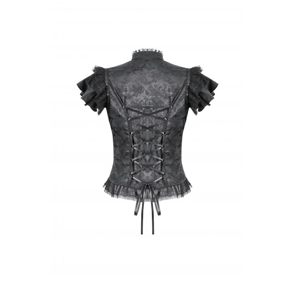 Women's Gothic Cutout Lace Ruffles Jacquard Short Sleeved Shirt - Image 14