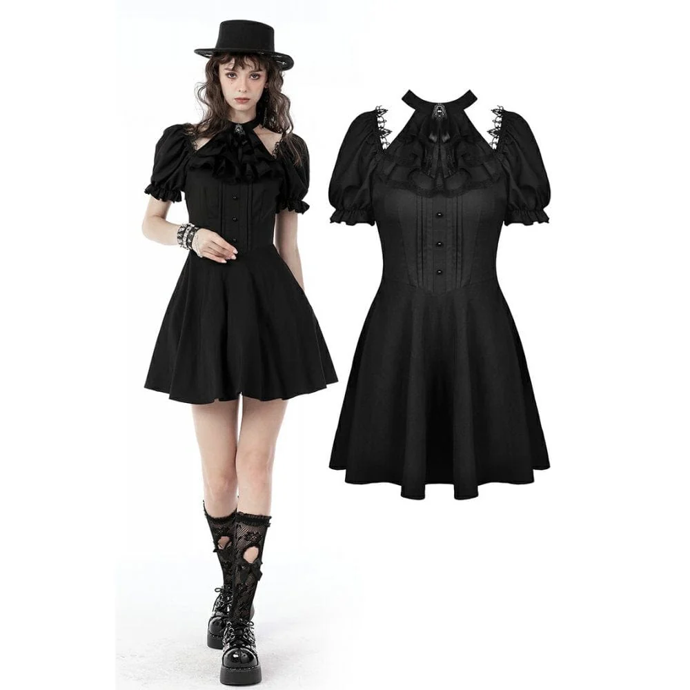 Women's Gothic Cutout Puff Sleeved Black Little Dress Graduation Dress