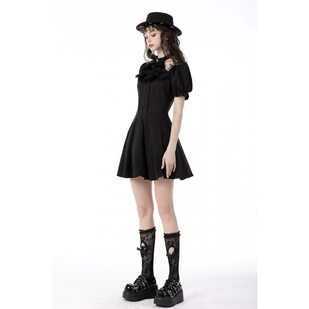Women's Gothic Cutout Puff Sleeved Black Little Dress Graduation Dress - Image 5