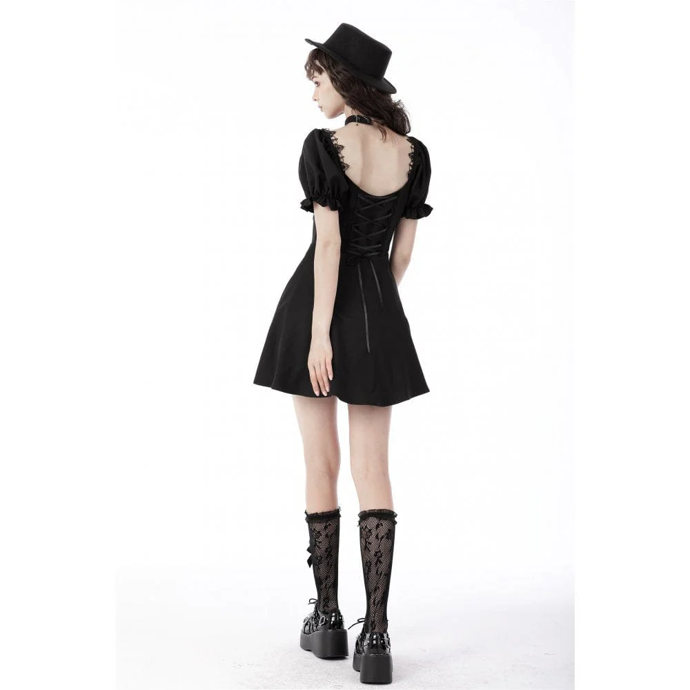 Women's Gothic Cutout Puff Sleeved Black Little Dress Graduation Dress - Image 6