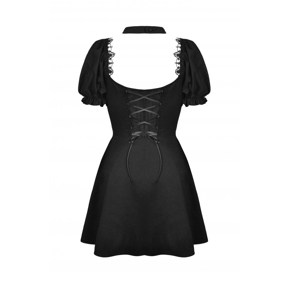 Women's Gothic Cutout Puff Sleeved Black Little Dress Graduation Dress - Image 8