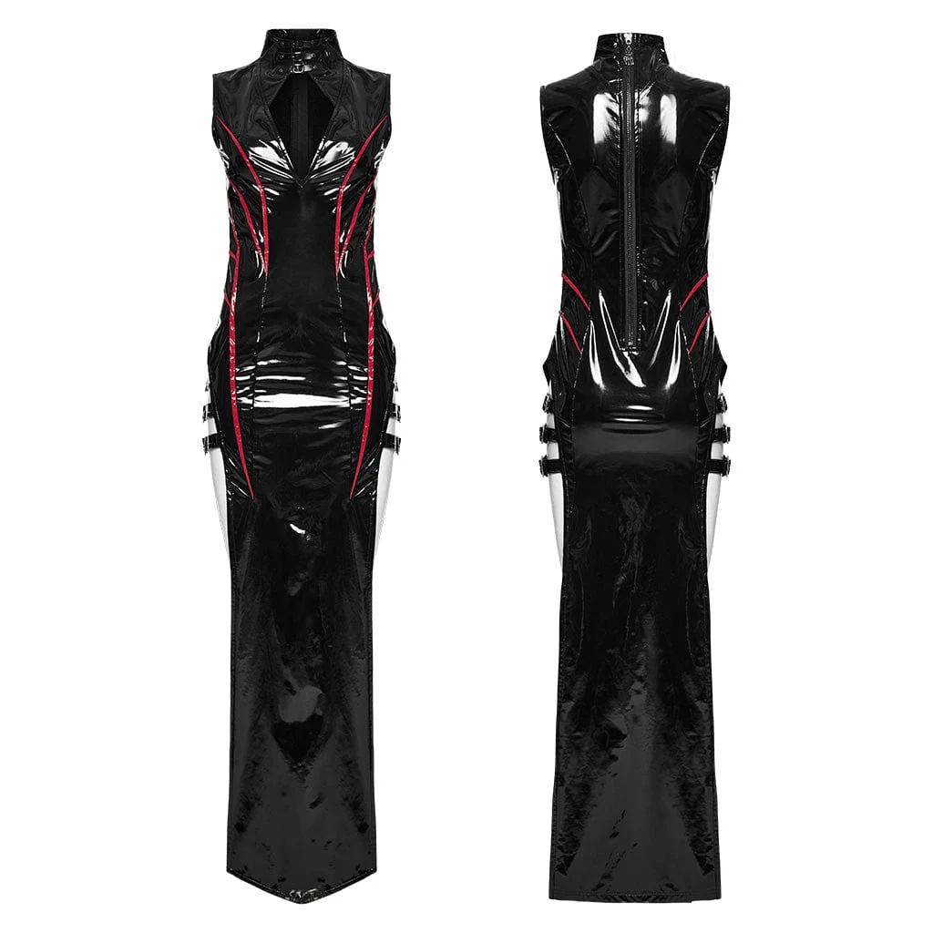 Women's Gothic Cutout Side Slit Buckle Maxi Dress Black-Red - Image 5