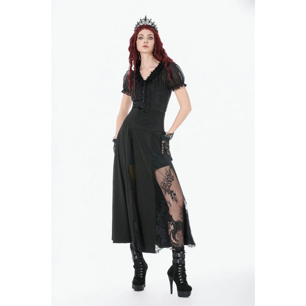 Women's Gothic Decal Floral Mesh High Waist Long Skirt - Image 3