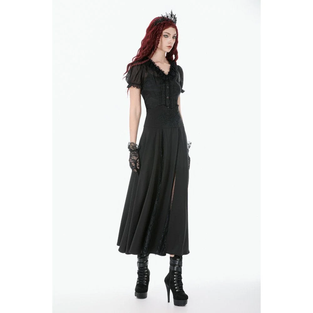 Women's Gothic Decal Floral Mesh High Waist Long Skirt - Image 4