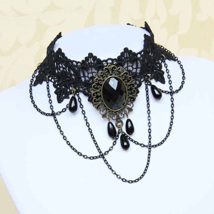 Women's Gothic Diamante Lace Choker with Chain - Image 3