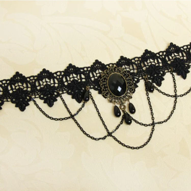 Women's Gothic Diamante Lace Choker with Chain - Image 5