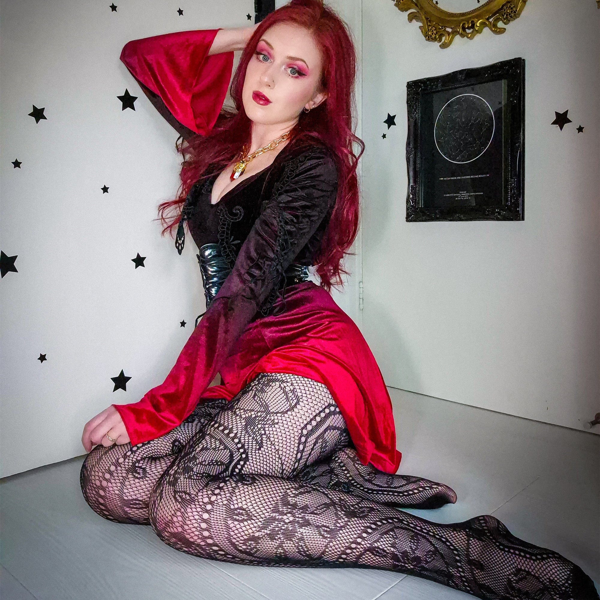 Women's Gothic Doll Collar Gradient Velvet Prom Dress Red - Image 5