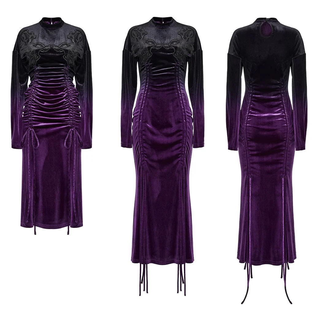 Women's Gothic Drawstring Gradient Velvet Prom Dress - Image 5