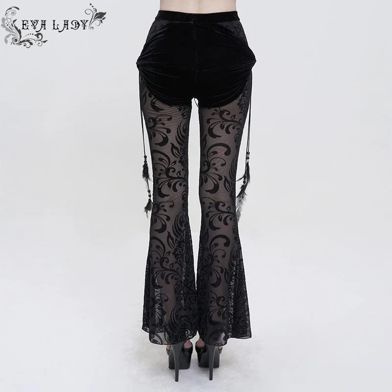 Women's Gothic Drawstring Mesh Splice Flared Pants - Image 3
