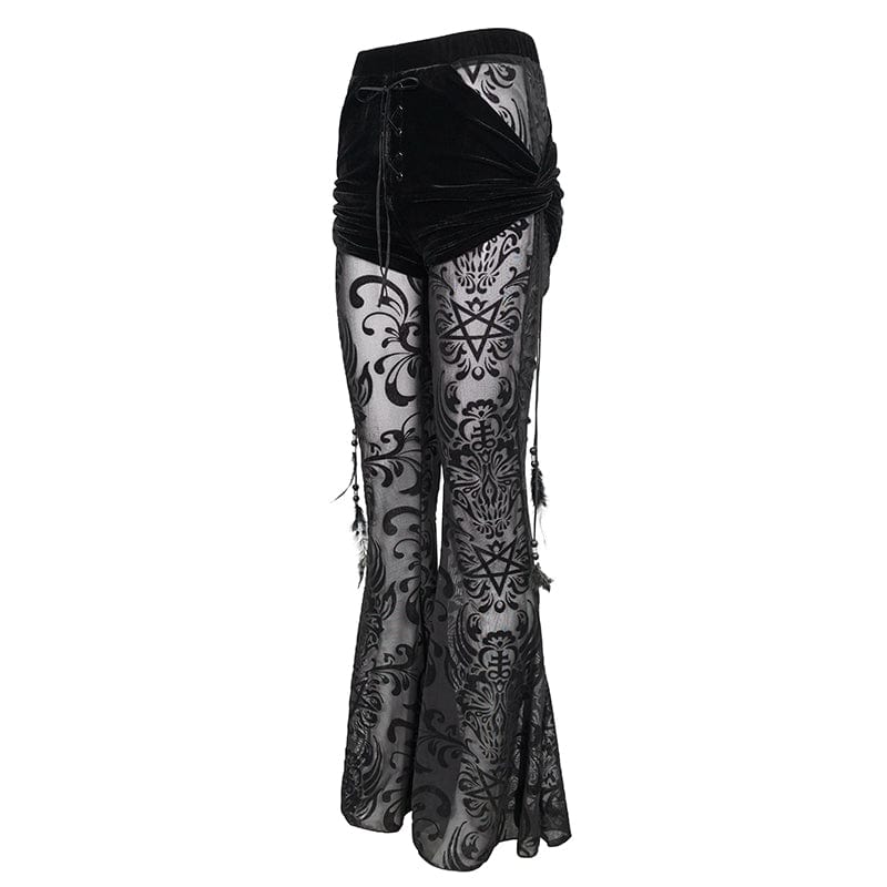 Women's Gothic Drawstring Mesh Splice Flared Pants - Image 6