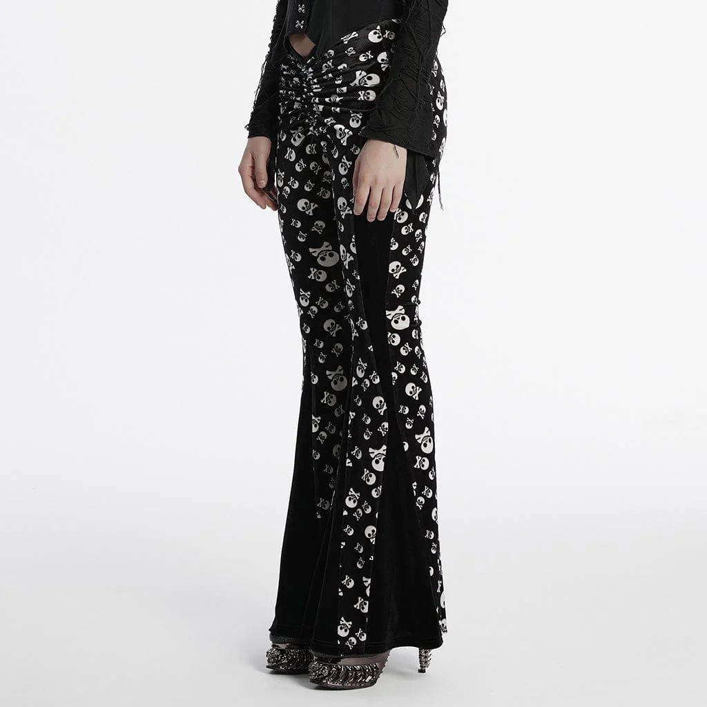 Women's Gothic Drawstring Skull Flocking Mesh Flared Pants - Image 2