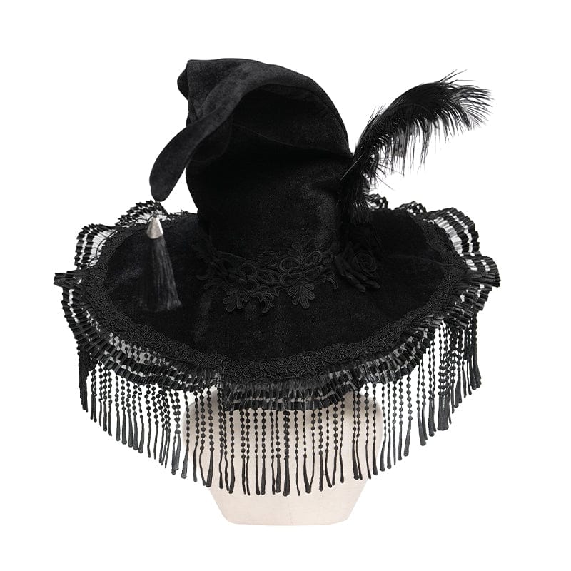 Women's Gothic Embroidered Feather Tassels Witch Hat - Image 10