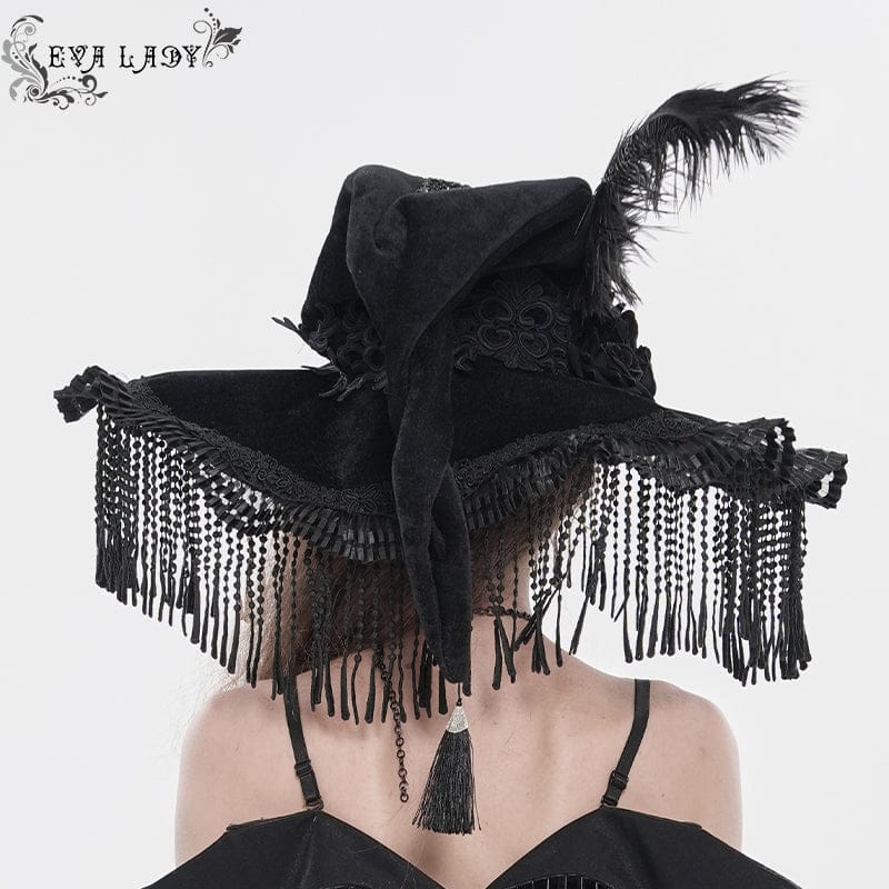 Women's Gothic Embroidered Feather Tassels Witch Hat - Image 4