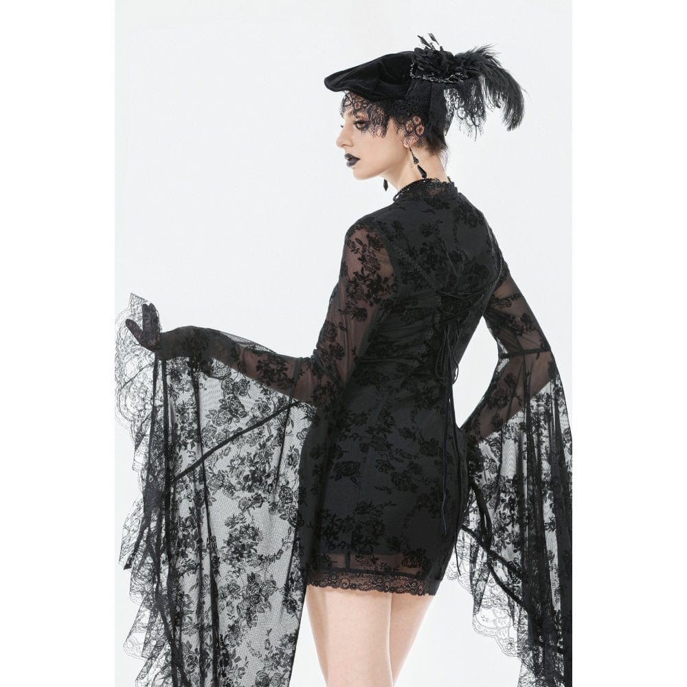 Women's Gothic Embroidered Floral Mesh Square-cut Collar Dress - Image 3