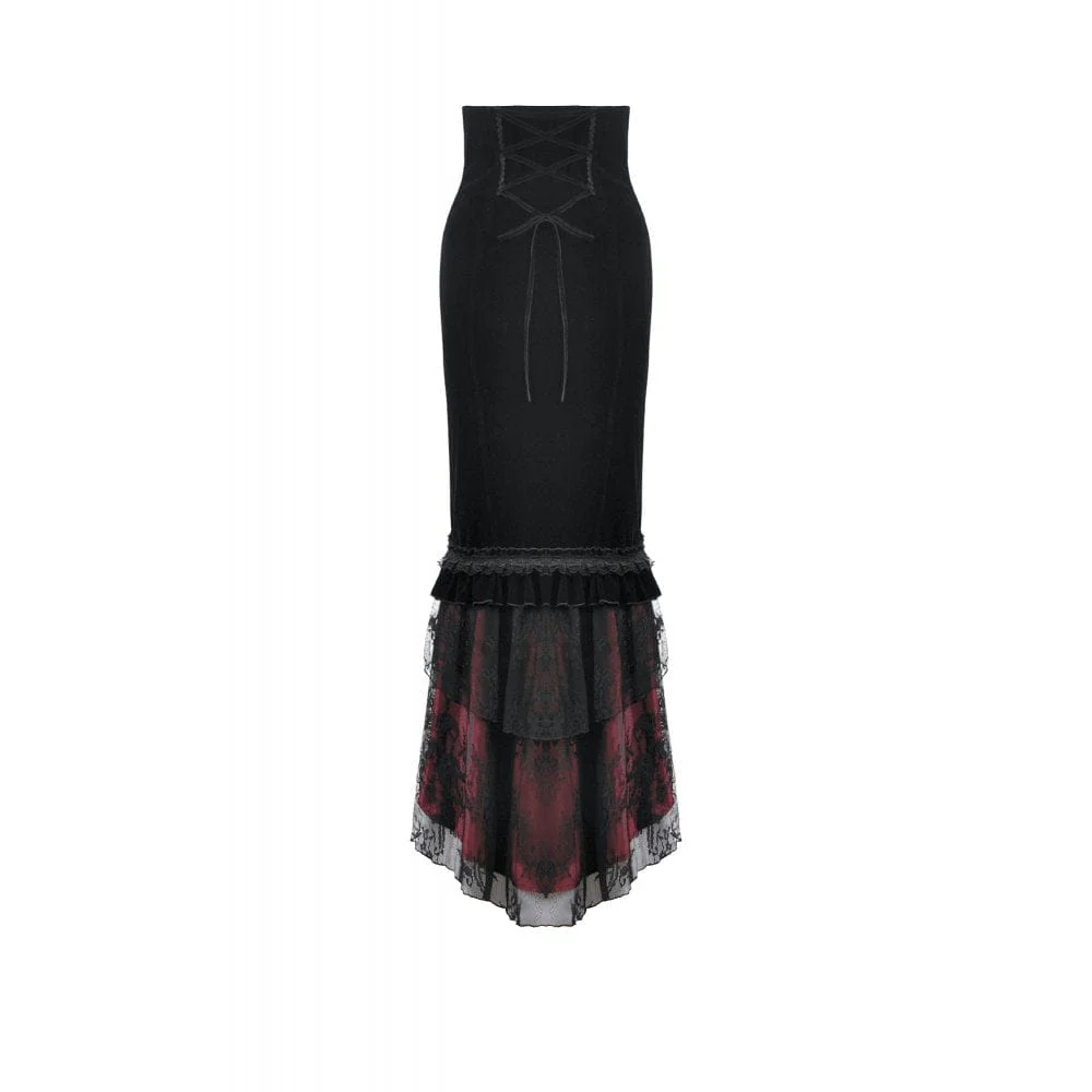 Women's Gothic Embroidered Lace Splice Velvet Mermaid Skirt - Image 8