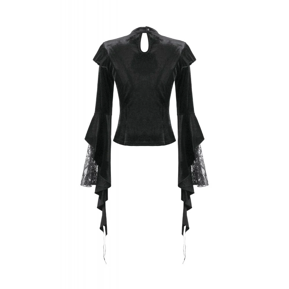 Women's Gothic Embroidered Mesh Splice Sheer Velvet Top - Image 10