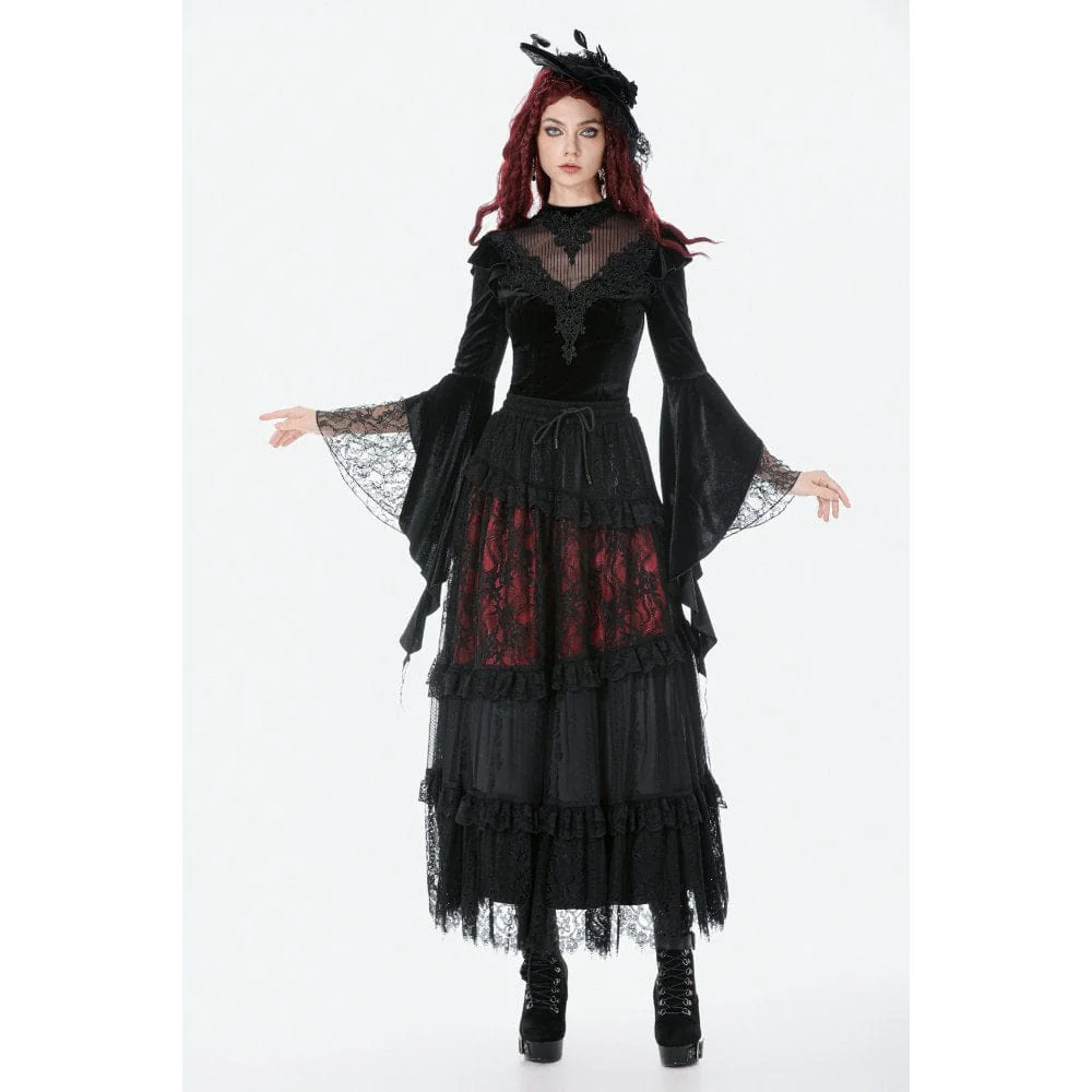 Women's Gothic Embroidered Mesh Splice Sheer Velvet Top - Image 5