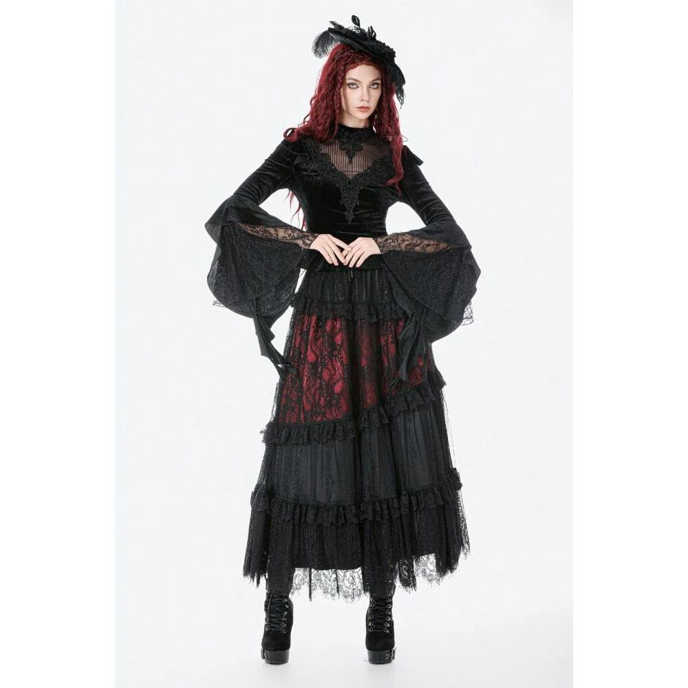 Women's Gothic Embroidered Mesh Splice Sheer Velvet Top - Image 6