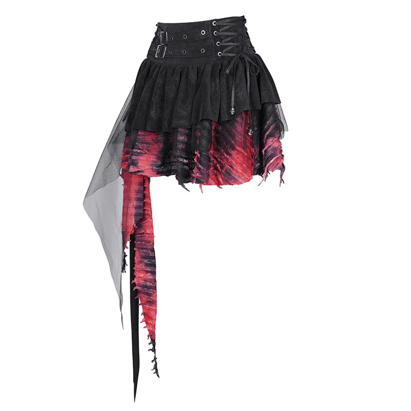 Women's Gothic Eyelets Mesh Irregular Hem Skirt Black Red - Image 7