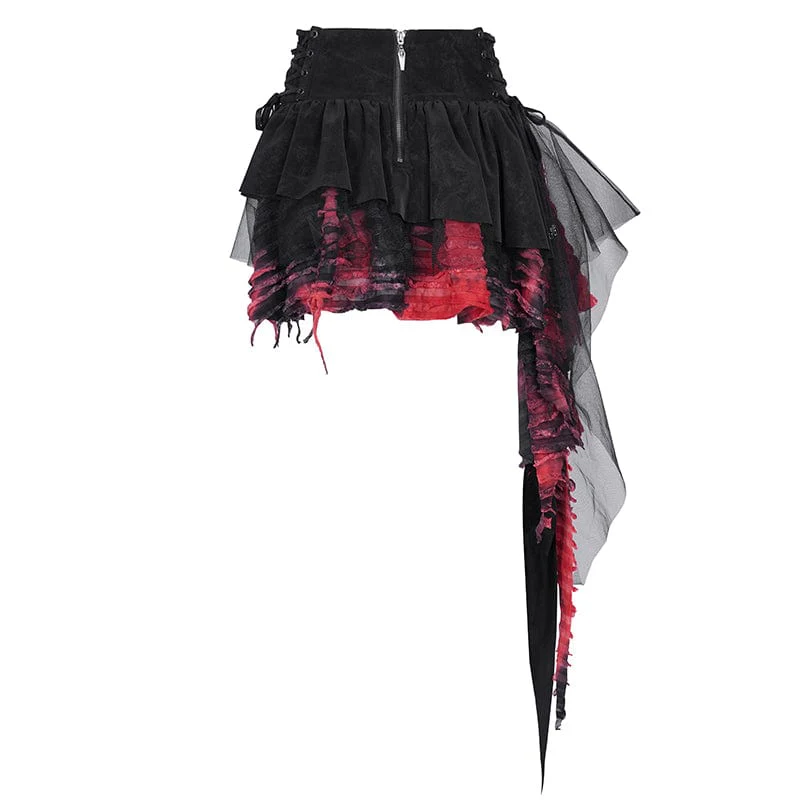 Women's Gothic Eyelets Mesh Irregular Hem Skirt Black Red - Image 9