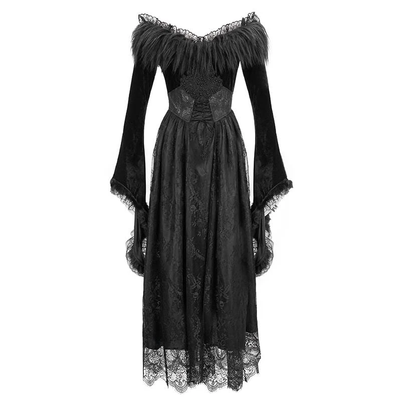 Women's Gothic Faux Fur Off-shoulder Lace Dresses Wedding Dress - Image 5