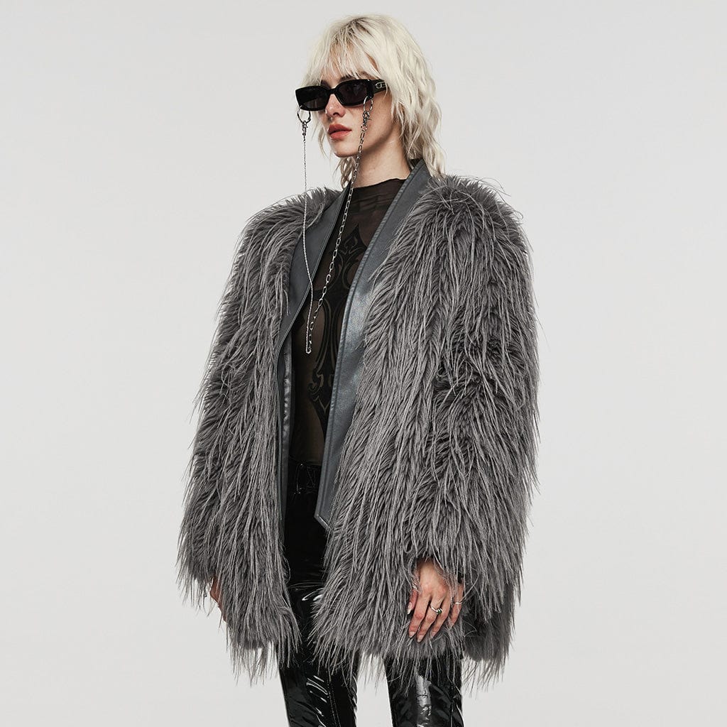 Women's Gothic Faux Fur Splice Faux Leather Coat Grey - Image 2