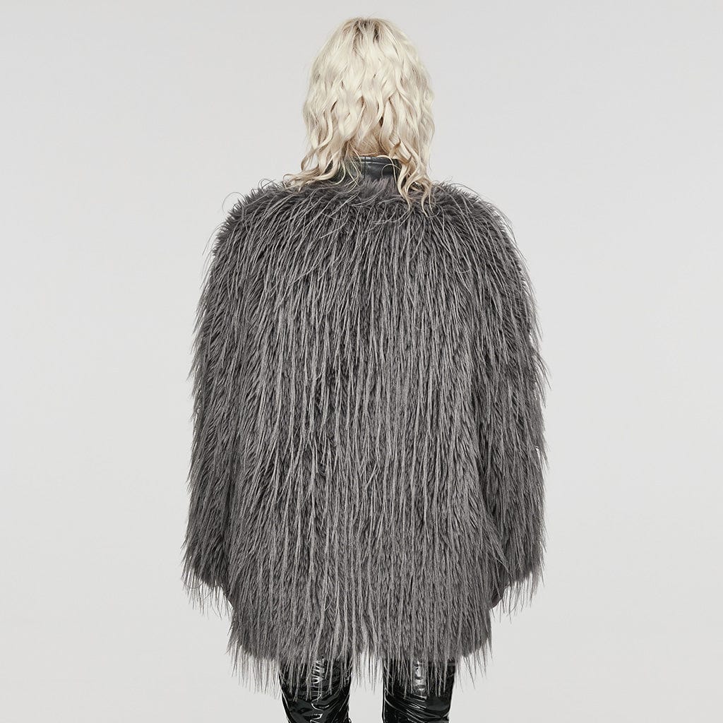 Women's Gothic Faux Fur Splice Faux Leather Coat Grey - Image 3