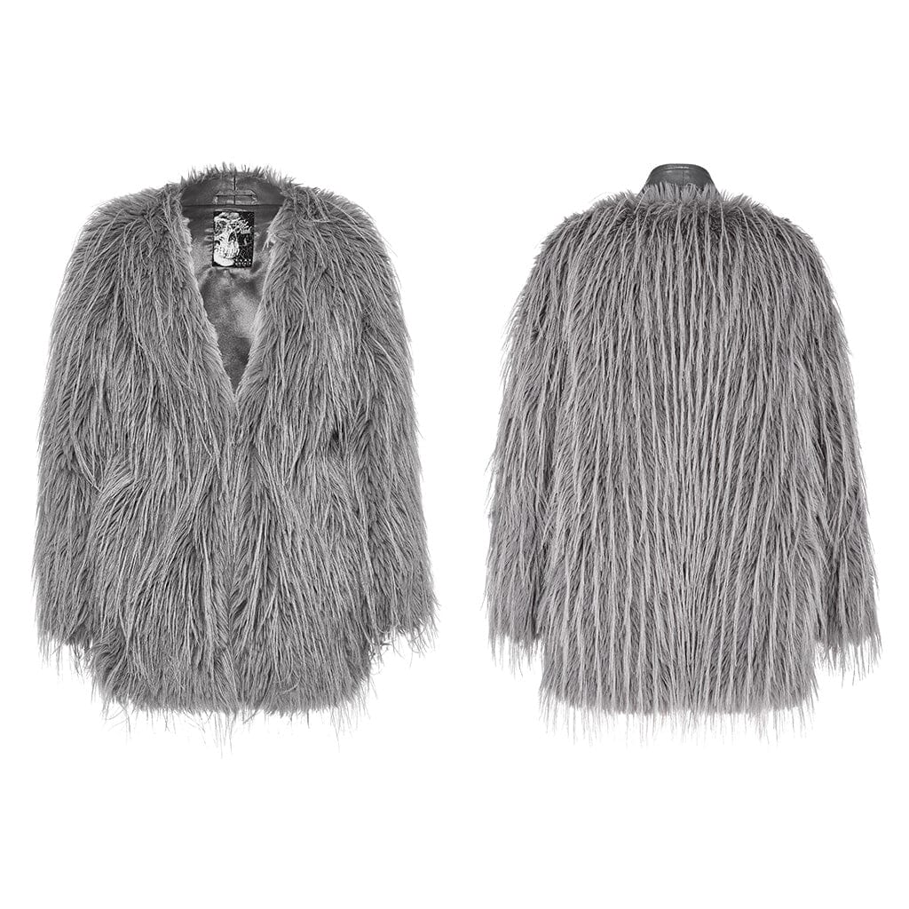 Women's Gothic Faux Fur Splice Faux Leather Coat Grey - Image 5