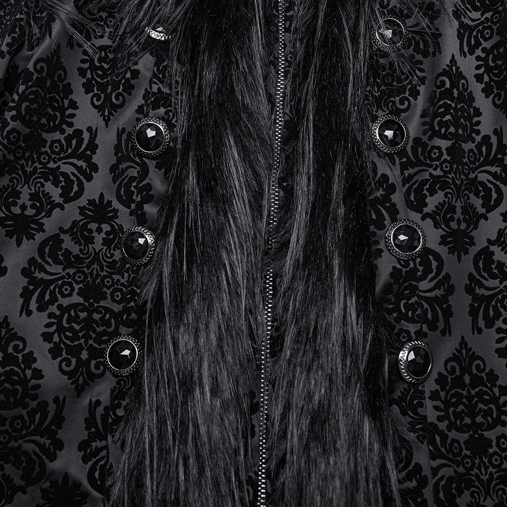 Women's Gothic Faux Fur Splice Jacquard Coat with Hood - Image 7