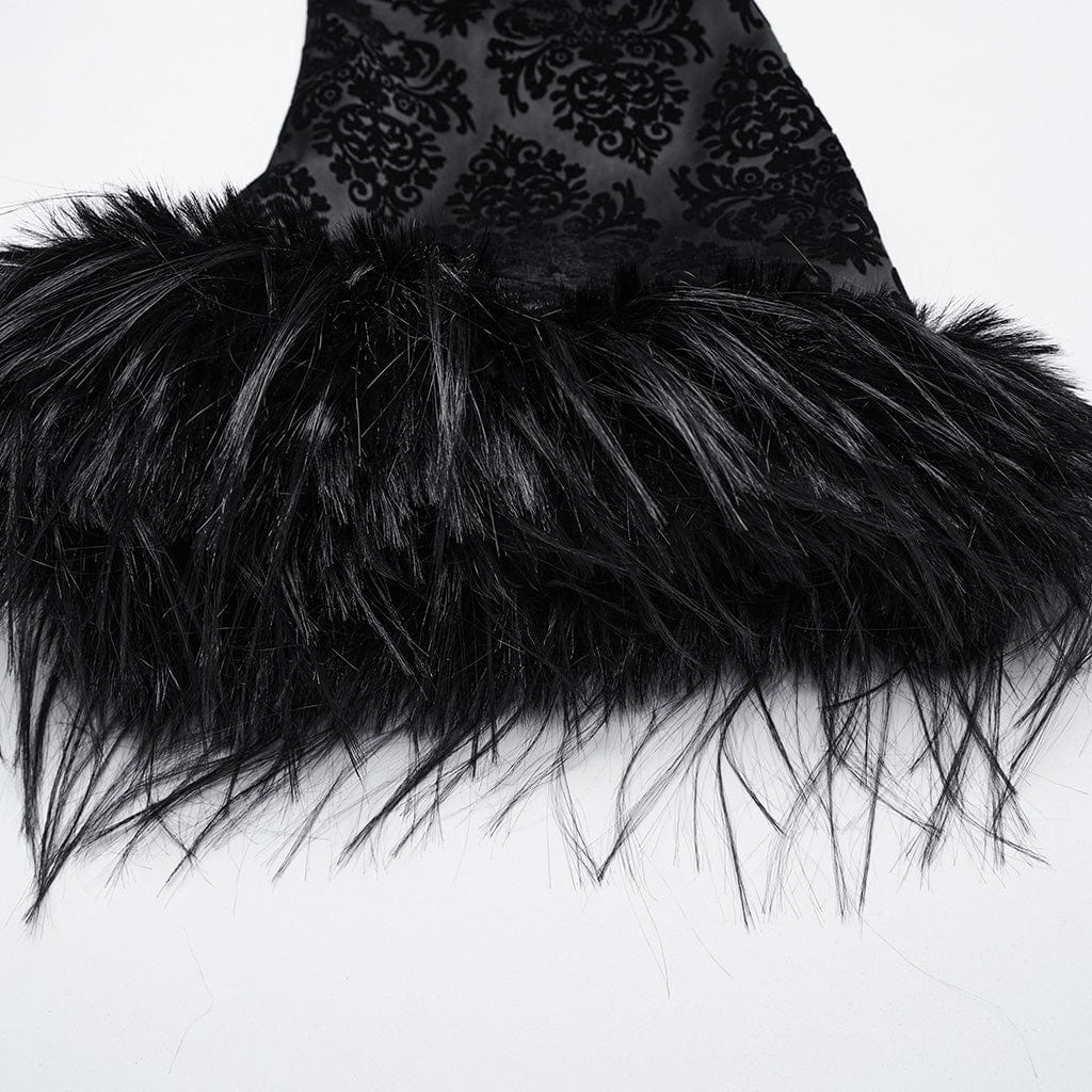 Women's Gothic Faux Fur Splice Jacquard Coat with Hood - Image 9