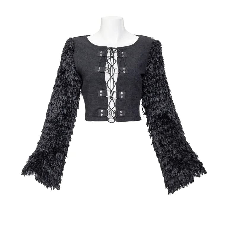 Women's Gothic Faux Fur Splice Lace-up Crop Top - Image 5