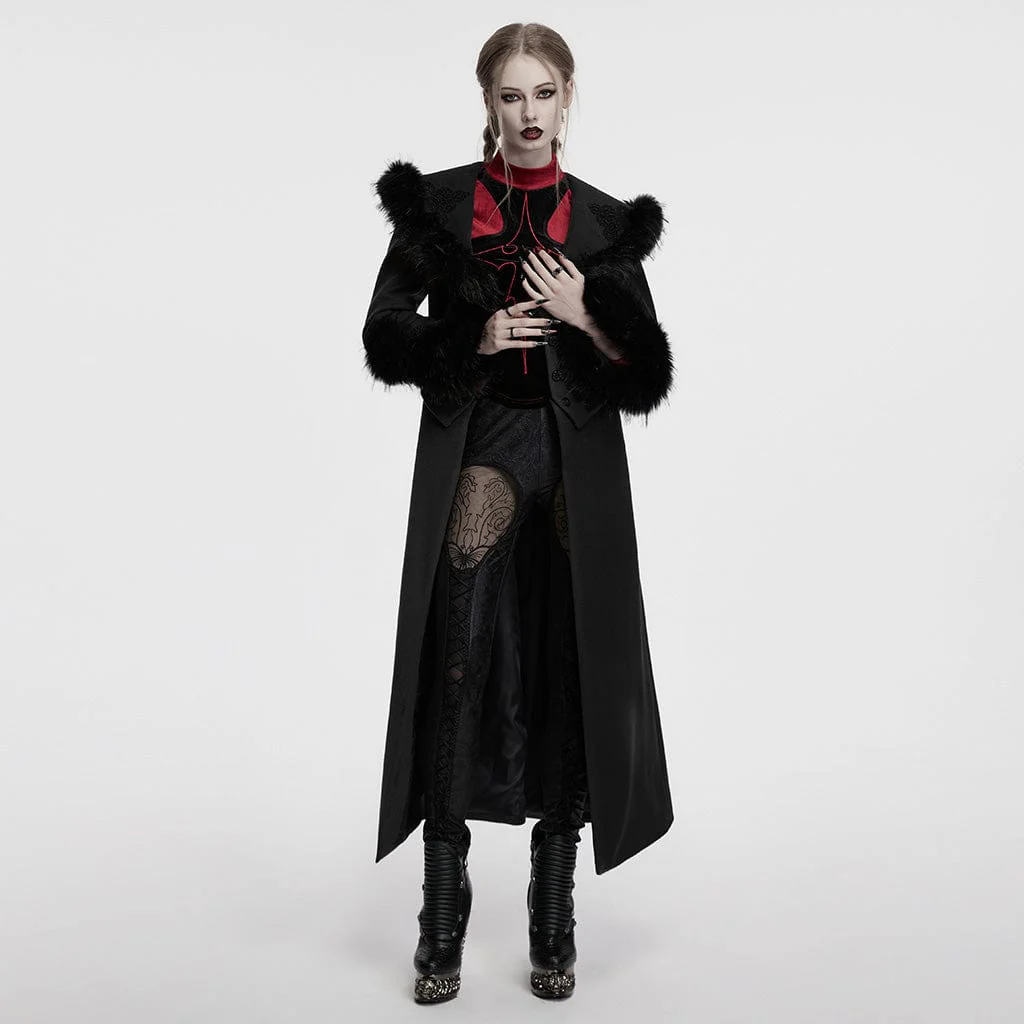 Women's Gothic Faux Fur Splice Lace-up Detachable Coat Black