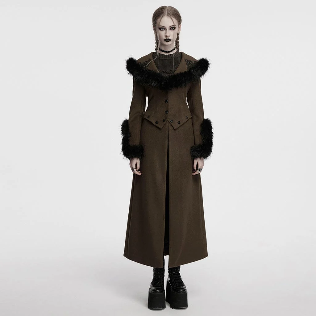 Women's Gothic Faux Fur Splice Lace-up Detachable Coat Coffee