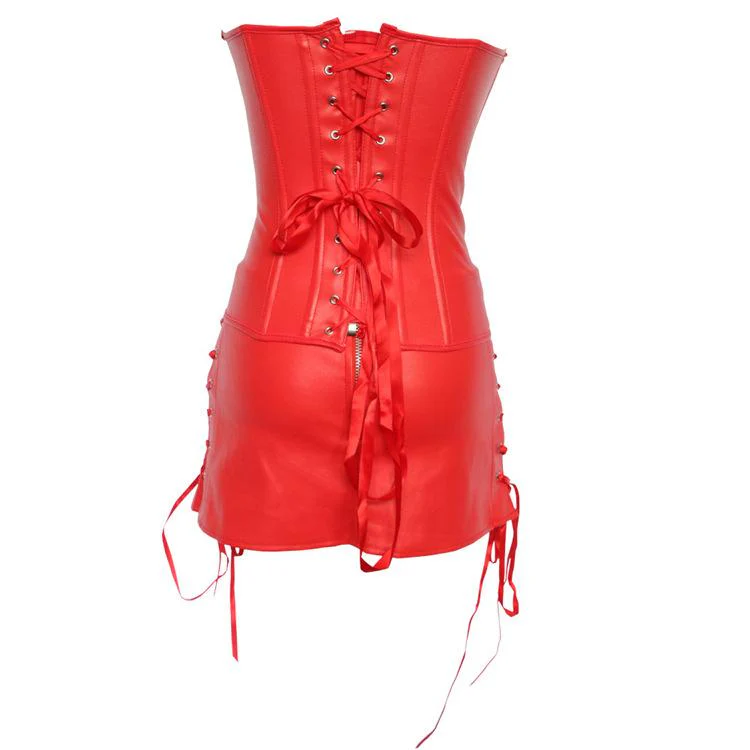 Women's Gothic Faux Leather Overbust Corset Dresses - Image 6