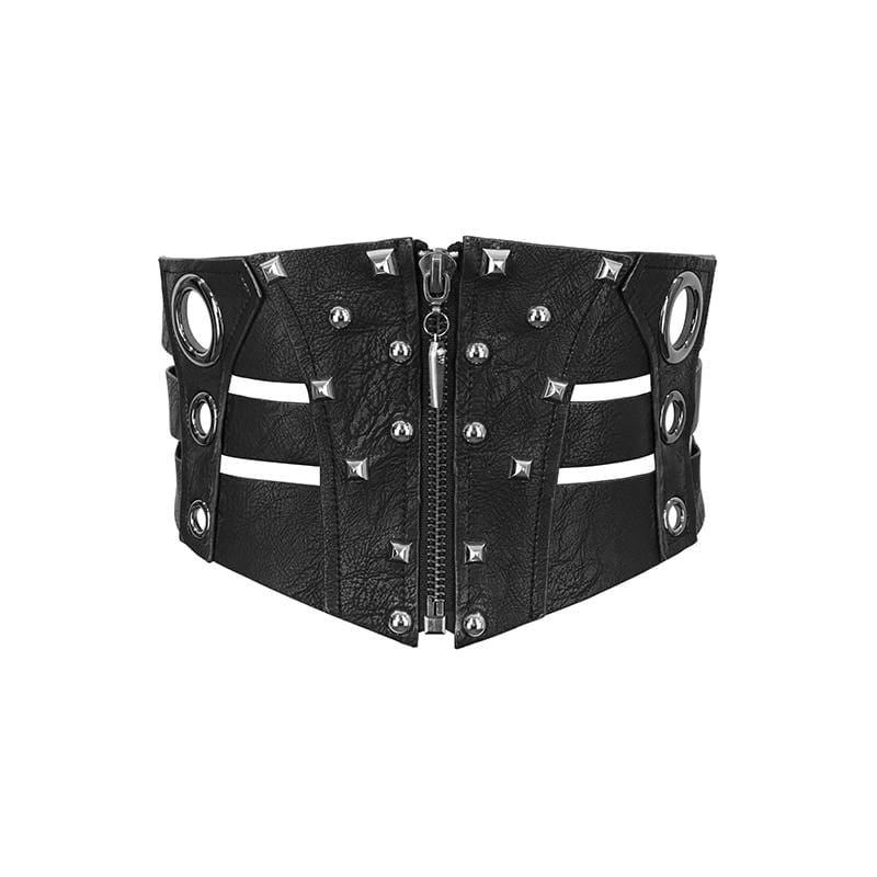 Women's Gothic Faux Leather Ripped Front Zip Belts With Rivets - Image 4