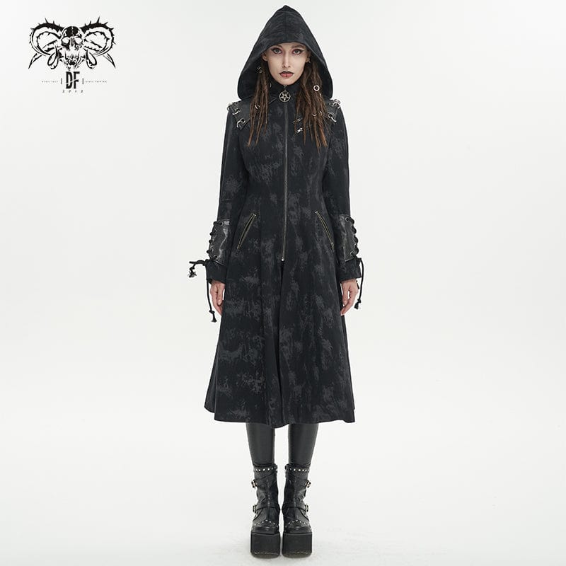 Women's Gothic Faux Leather Splice Distressed Coat with Hood