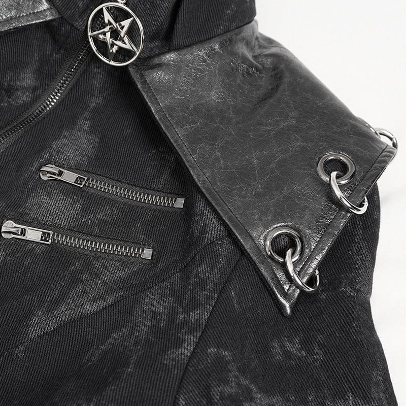 Women's Gothic Faux Leather Splice Distressed Coat with Hood - Image 9