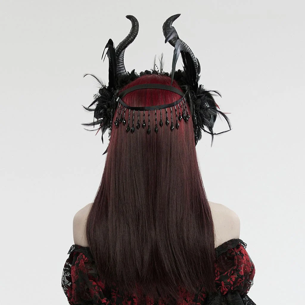 Women's Gothic Feather Beaded Horned Headwear - Image 3